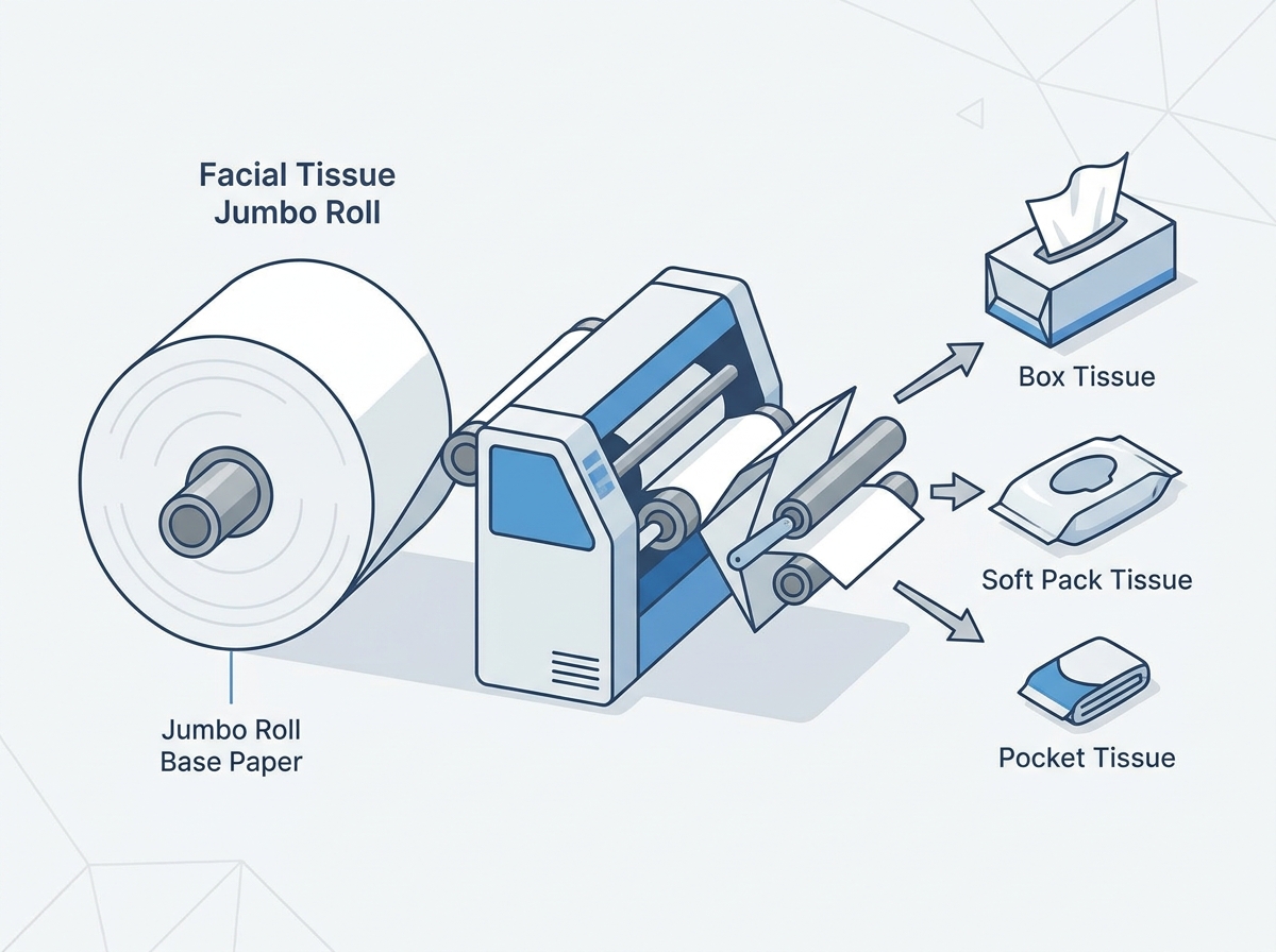 A large roll of facial tissue base paper ready for the converting process in a manufacturing facility