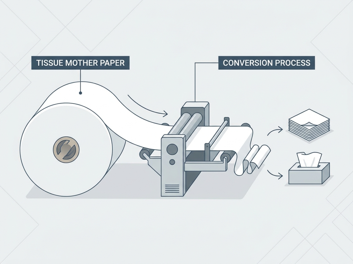 Large rolls of bright white tissue mother paper stored in a warehouse facility